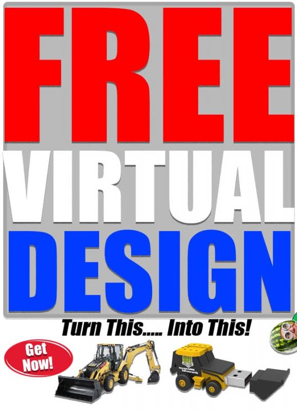 Free virtual design of your custom shaped promotional product including usb flash drives and power banks