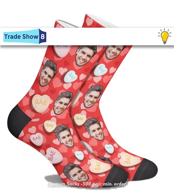custom sublimated socks for trade shows and business logo marketing from trade show 8.com