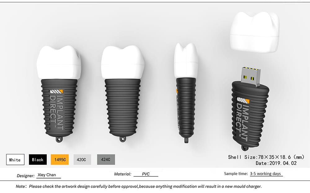 3D custom shaped flash drive promotional product. Custom dental implant
