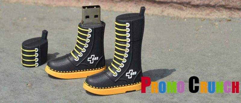 boot shape PVC and rubber custom shaped and molded flash drives and USB Memory sticks for marketing and advertising. Corporate, b2b, promotional products. The perfect logo promotion.