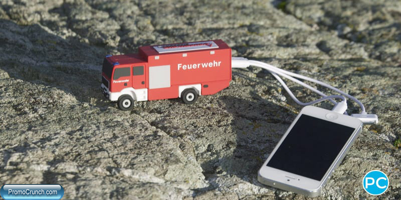 Fire truck shaped 3D Power Bank portable battery charger | Wholesale Promotional Product| Promo Crunch, The World's best custom shaped phone charers.