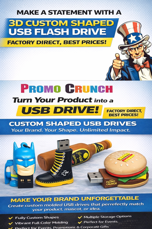 Promo Crunch is redefining what a USB flash drive can be. Instead of handing out generic, forgettable tech, brands are now turning their products, mascots, and logos into fully customized 3D USB drives that people actually keep—and use.